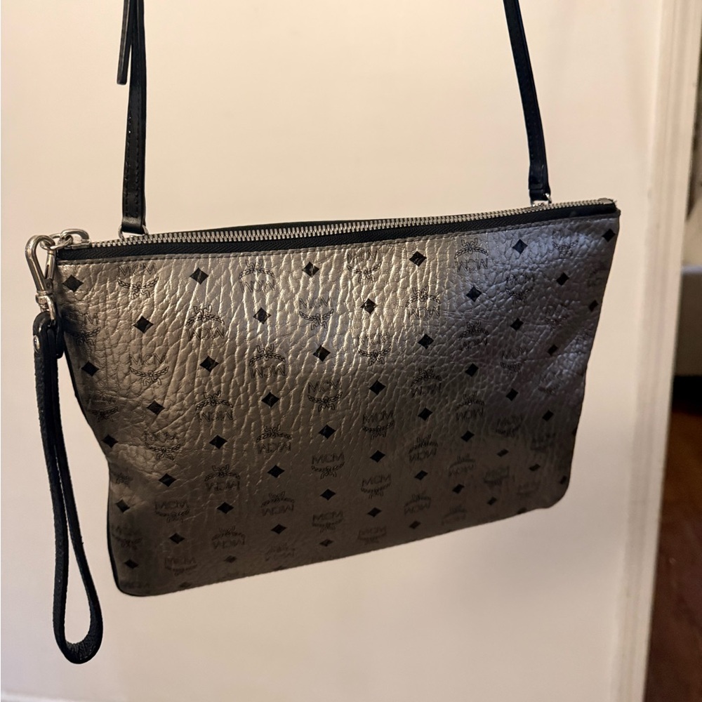 MCM Metallic Silver Logo Crossbody Wristlet